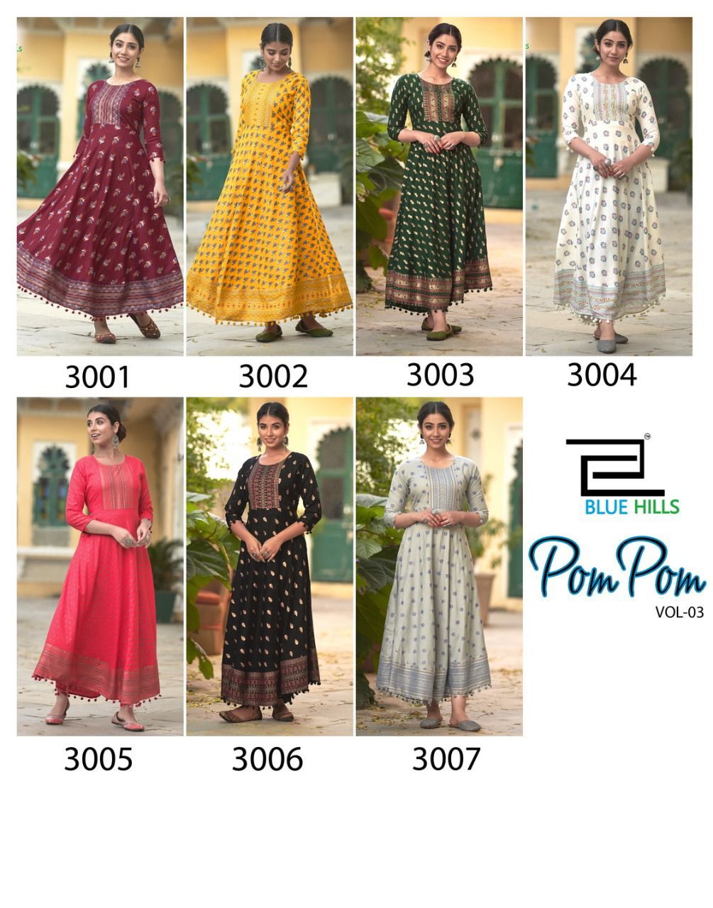 Blue Hills Pom Pom 3 Rayon Printed Ethnic Wear Long Anarkali Kurti Collection